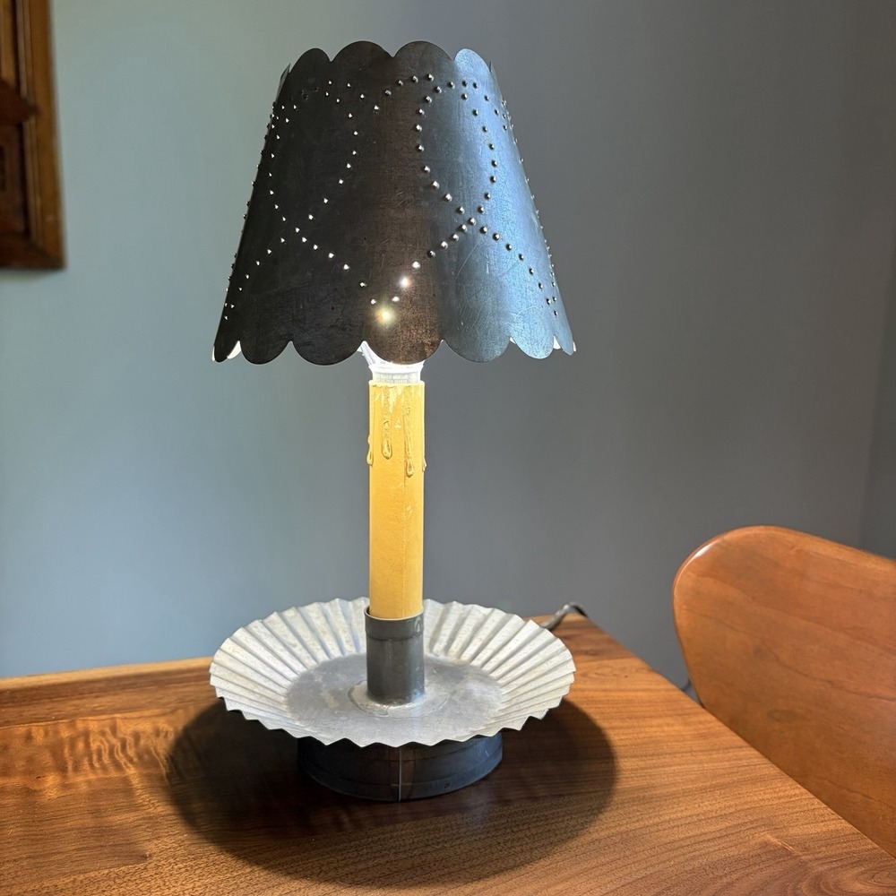 Rustic Punched Tin Table Lamp Heart Pattern Linear Dots Farmhouse Cottage Gray
